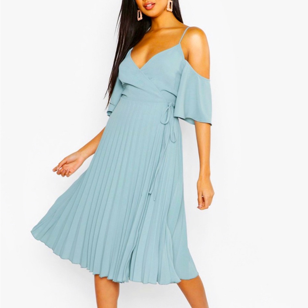 Dusty Blue Boohoo Pleated Off Shoulder Dress